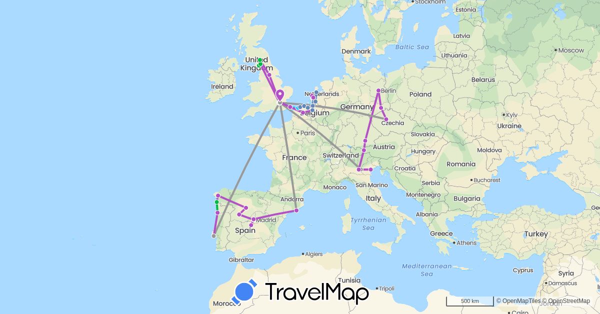 TravelMap itinerary: driving, bus, plane, cycling, train, boat in Austria, Belgium, Czech Republic, Germany, Spain, France, United Kingdom, Italy, Netherlands, Portugal (Europe)